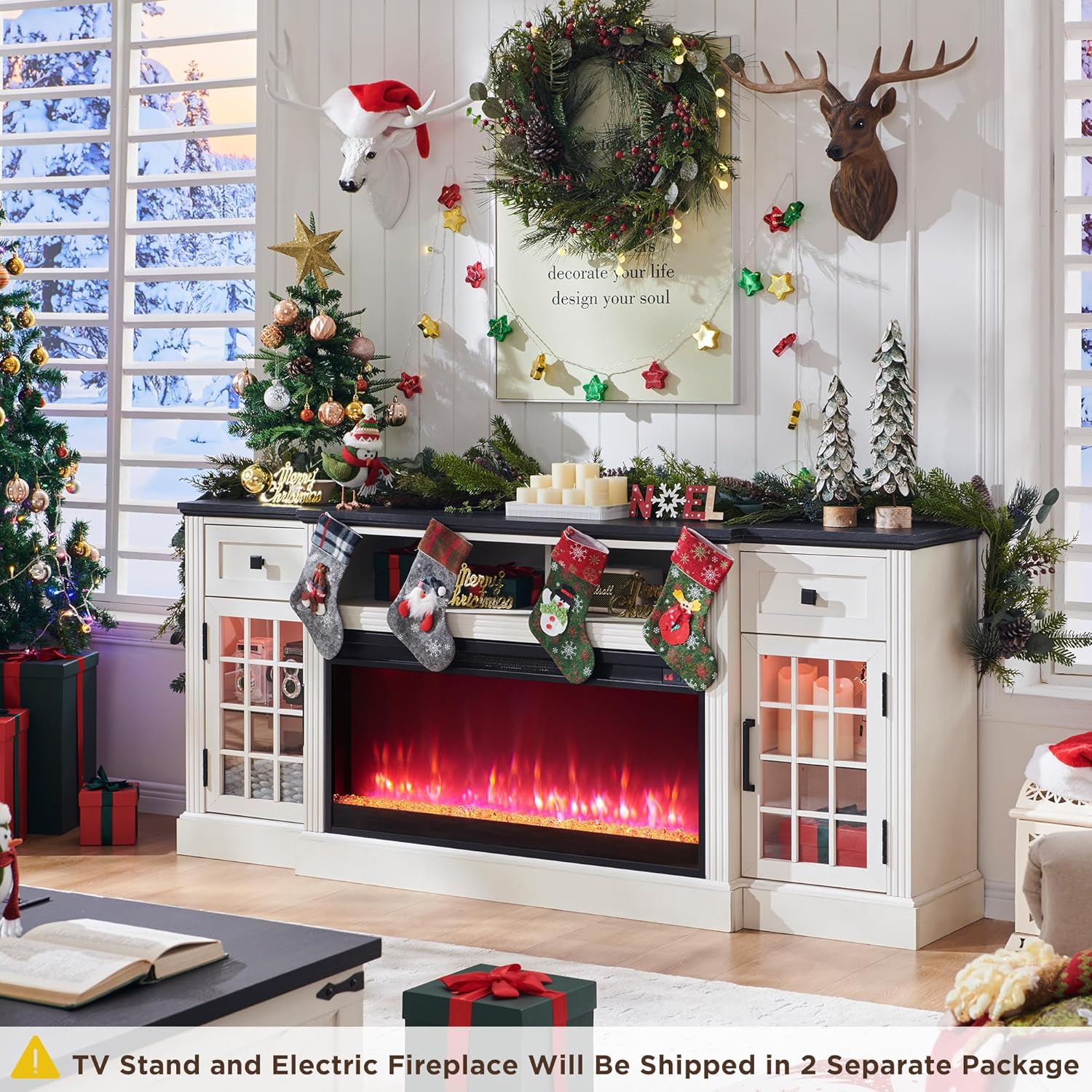 ACCOHOHO Farmhouse Fireplace TV Stand for 80 Inch TV, Entertainment Center w/ 36'' Electric Fireplace & LED Lights, Mordern Media Console with Storage Drawers & Cabinets for Living Room, White