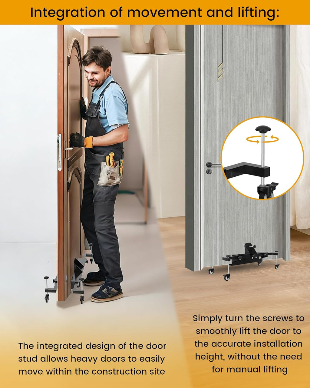 One-Piece Door Installation Tools, Ideal Tool for Single-Person Door Moving, Door Installation Dolly for Maximum 2.5 inch Thickness Pre-Hung Front, Slab Doors, Load Capacity: 200LB