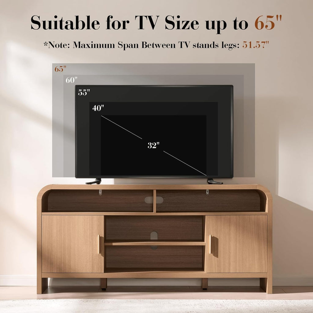 TV Stand for TVs Up to 65'' - [Unique Curved Profile, FSC-Certified Wooden Board] Entertainment Center with Adjustable Shelves and Storage Cabinet Modern Media Console for Living Room