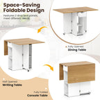 Giantex 47.5" Folding Dining Table for 2-4, Drop Leaf Wooden Dinner Table with 2-Tier Storage Shelf and Drawer, Lockable Wheels, Space Saving Kitchen Tables for Dinette, Small Space (White+Natural)