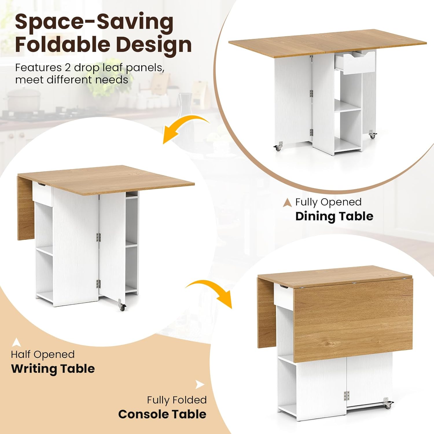 Giantex 47.5" Folding Dining Table for 2-4, Drop Leaf Wooden Dinner Table with 2-Tier Storage Shelf and Drawer, Lockable Wheels, Space Saving Kitchen Tables for Dinette, Small Space (White+Natural)