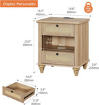 WAMPAT Rattan End Table with Charging Station for Living, Small Sofa Side Table with 2 Drawers & Open Shelf, Farmhouse Wooden Night Stand Retro Bedside Table for Living Room, Light Oak