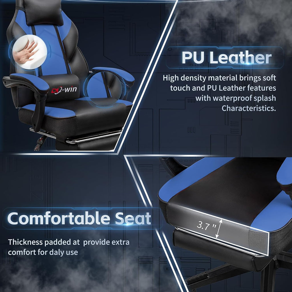 DL-win Gaming Chairs for Adults, Computer Chair with Footrest and Ergonomic High Back, Big and Tall Gamer Chairs with Massage Lumbar Support, 360° Swivel Height Adjustable Gaming Chair, Blue