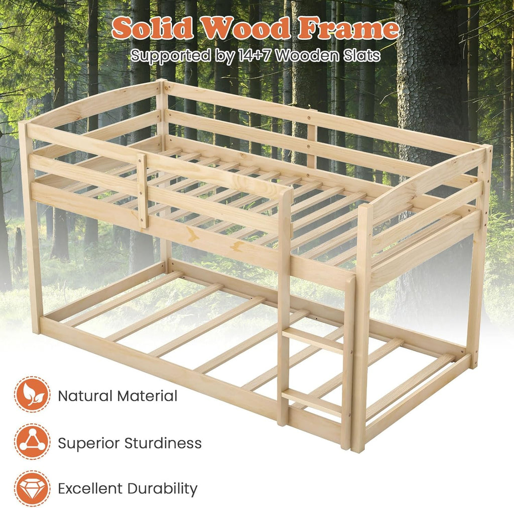 Giantex Twin Low Bunk Bed, Solid Wood Twin Over Twin Bunk Bed Frame with Full Guardrails & Integrated Ladder, Floor Twin Bunk Beds for Kids Boys and Girls, No Box Spring Needed, Natural