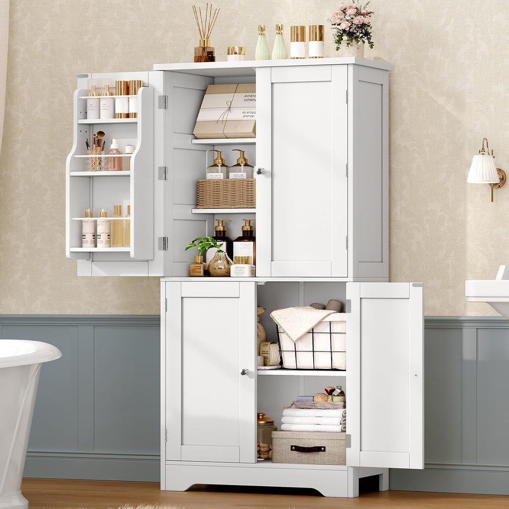 TEENFON 51" H Pantry Cabinet with 4 Doors, Kitchen Cabinet with 6 Door Shelves, Storage Cabinet for Living Room, Dining Room, Bathroom, White