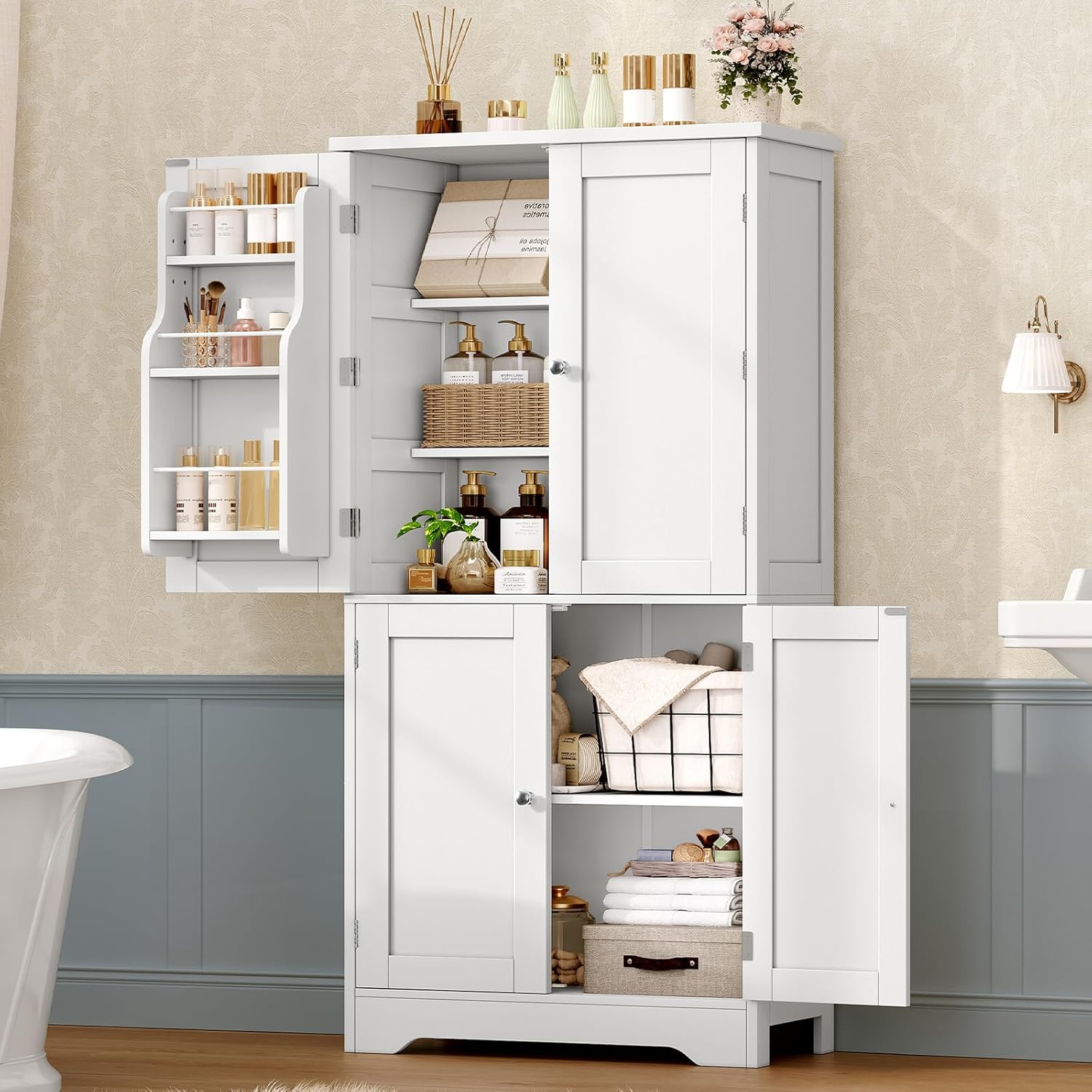 TEENFON 51" H Pantry Cabinet with 4 Doors, Kitchen Cabinet with 6 Door Shelves, Storage Cabinet for Living Room, Dining Room, Bathroom, White
