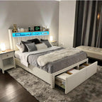 EnHomee Queen Bed Frame with 2 Storage Drawers, Upholstered Queen Platform Bed with LED Lights and Charging Station, Sturdy Wooden Slats Support, No Box Spring Needed, Noise Free, Beige
