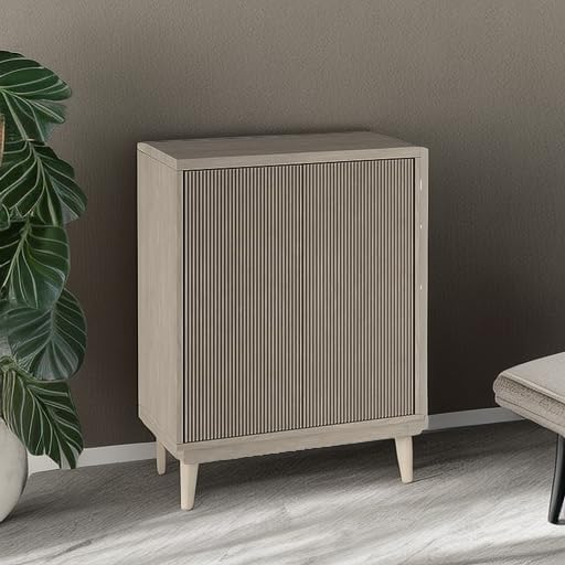 Henn&Hart 28" Fluted Wooden Accent Cabinet, Ribbed Modern Sideboard Buffet Cabinet with 2 Doors and an Adjustable Shelf for Living Room, Dining Room, Bedroom or Entryway, Weathered Gray