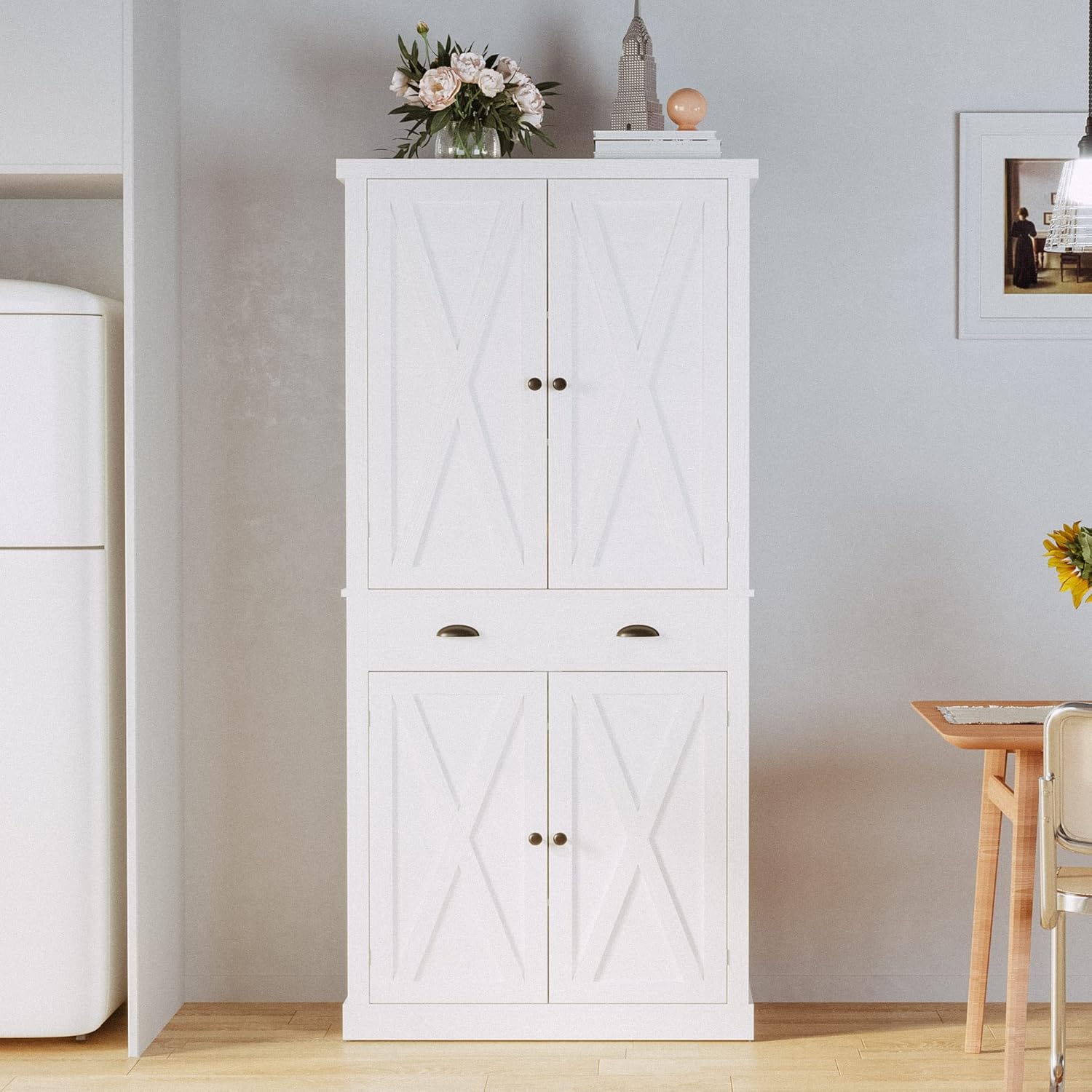 IRONCK Kitchen Pantry Storage Cabinet 72.6" H, with Barn Doors, Drawer, 4 Adjustable Shelves, Freestanding Cupboard, Laundry, White