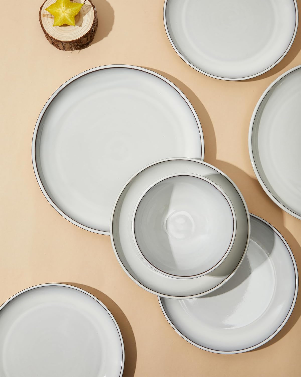 Pokini 16 Piece Double Bowl Dinnerware Sets with Pasta Bowls, Highly Chip and Crack Resistant Plates and Bowls Sets, Natural Earthyware Ceramic Dishware Sets, Service for 4 Moonstone White