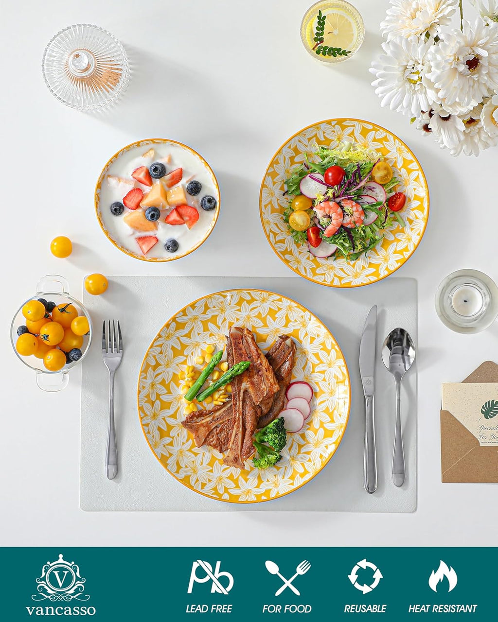 vancasso SELENE Plates and Bowls Set for 6, 18 Pieces Dinnerware Sets, Mircowave and Dishwasher Safe Dishes Set, Porcelain Pastel Dinnerware
