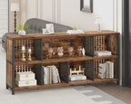 LVB Rustic Horizontal Bookshelf, Industrial Bookcase Cube Storage Organizer, Wide Large Metal Wooden Office Cube Shelf, Farmhouse Low Long Book Shelf for Home Bedroom Living Room, Rustic Brown, 63 in