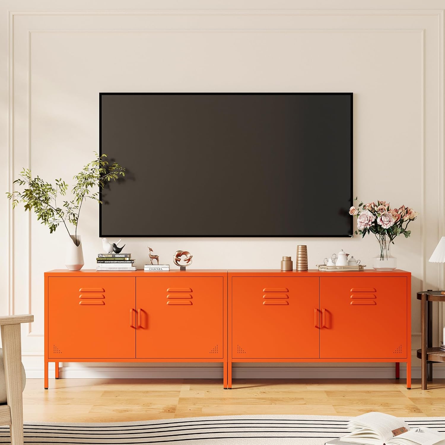 Orange Metal Storage Cabinet with 2 Doors and Adjustable Shelves, Multipurpose Metal Locker Accent Cabinet, 25" H TV Stand, Media Cabinet for Home, Office, Living Room,Kitchen, Music Studio