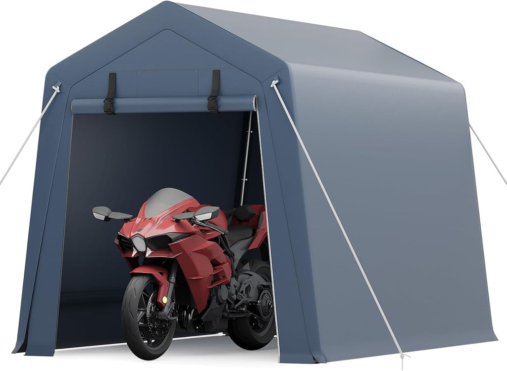 6X8 ft Heavy-Duty Portable Motorcycle Storage Shed with Roll-Up Door & Vent, 220g Waterproof PE Tarp & UV Protection, Motorcycle Shed for Motorcycles, Firewood, Garden Tools - Gray