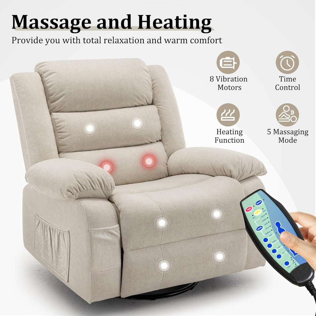 Recliner Chair, Wide Rocker Chair, Rocking Chair with Massage and Heat,360°Swivel Nursery Rocking Chairs, Oversized Recliner for Adults, Cashmere Reclining Sofa for Living Room, Beige