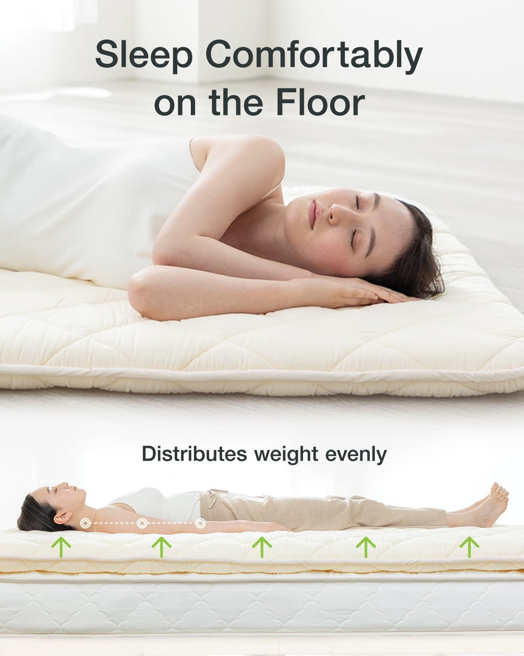 FULI Japanese Futon, King Size, White - Foldable Shikibuton Floor Bed - Medium Firm Quilted Cotton Sleeping Pad, Portable Roll-Up Japanese Floor Bed for Guests & Small Spaces