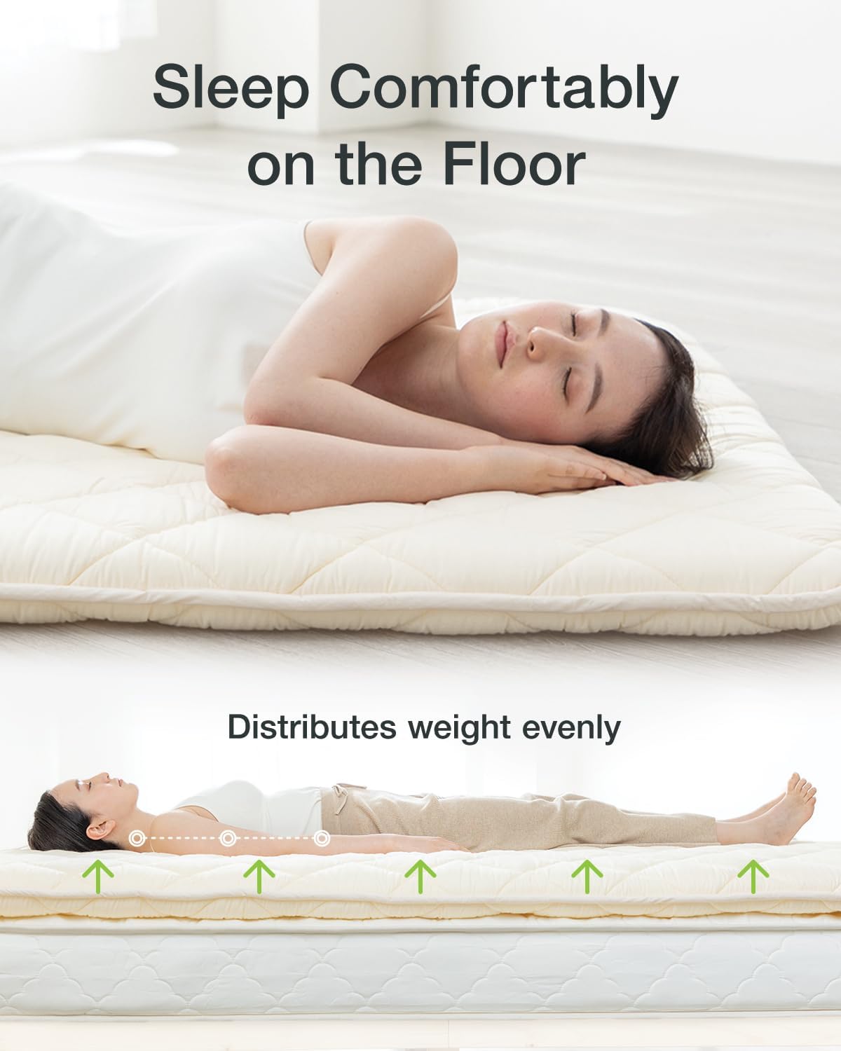 FULI Japanese Futon, King Size, White - Foldable Shikibuton Floor Bed - Medium Firm Quilted Cotton Sleeping Pad, Portable Roll-Up Japanese Floor Bed for Guests & Small Spaces