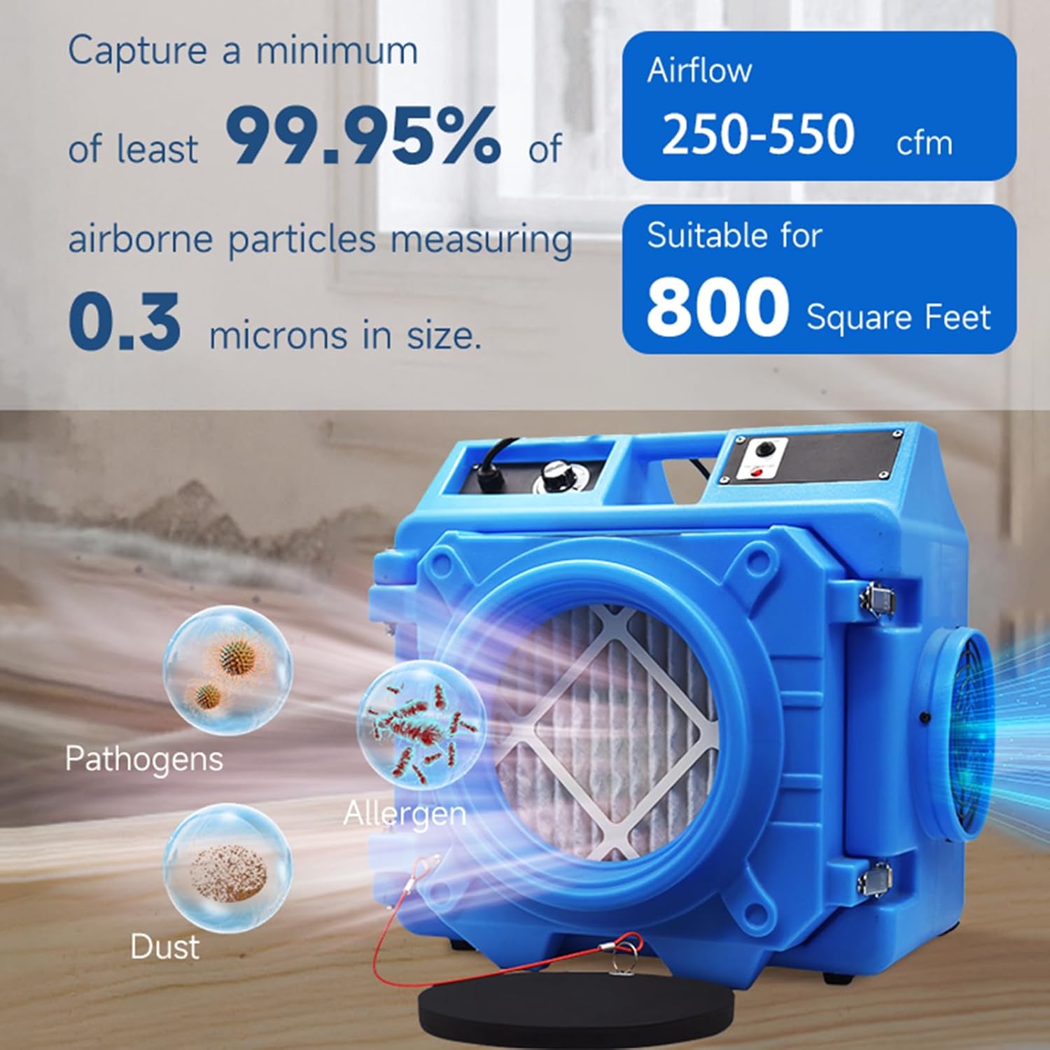 550CFM Air Scrubber with 3 Stage Filtration, Air Machine for Industrial and Commercial Use,Water Damage Restoration Equipment Air Purifier,with MERV-10 Filter, HEPA, Activated Carbon Filter (Blue)