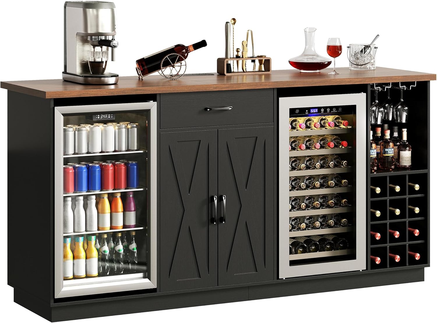 78.74" Large Coffee Bar Cabinet with Fridge Space, Mini Fridge Cabinet with Storage, Liquor Cabinet with Wine Rack Glass Holder Power Outlets for Living Room, Kitchen, Black KTSR003B