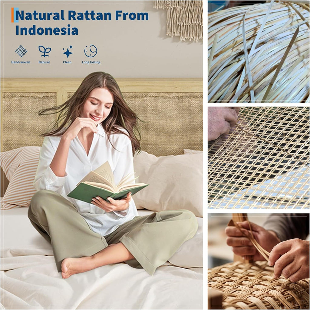 Rattan Bed Frame Queen with Natural Rattan Headboard, Sturdy Wooden Slats, Metal Platform Support, Silent Slats, No Box Spring Needed, Stylish and Robust Bedroom Furniture