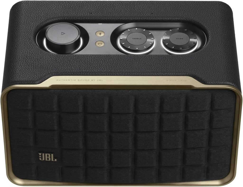 JBL Authentics 200 - Retro Style Smart Home Speaker with Built in Wi-Fi  Bluetooth and Voice Assistants  Alexa and Google Assistant  Multi-Room Playback  Automatic self tuning (Black/Gold)