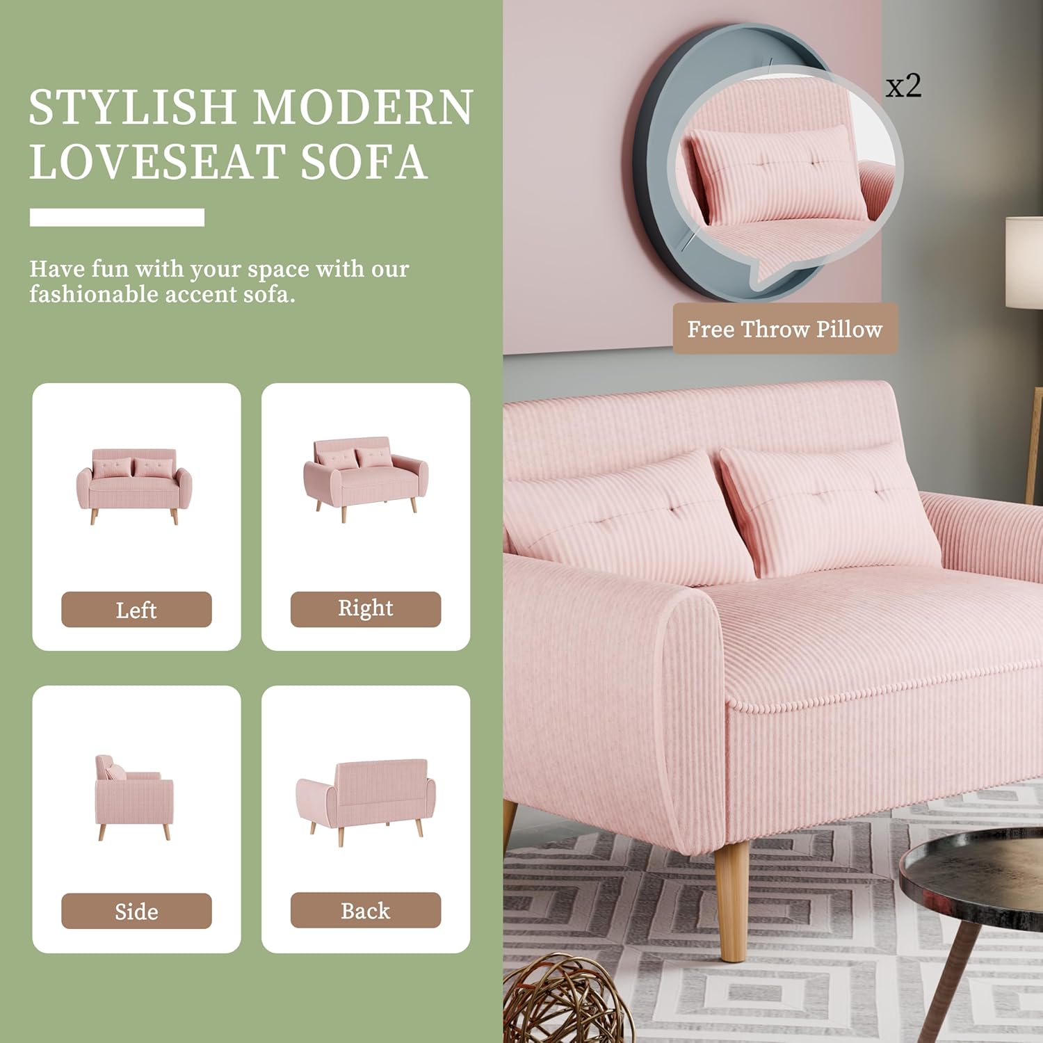 Vongrasig 47" Small Modern Loveseat Sofa, Mid Century Soft Corduroy Fabric 2-Seat Sofa Couch Tufted Love Seat with Back Cushions and Tapered Legs for Living Room, Bedroom and Small Space (Pink)