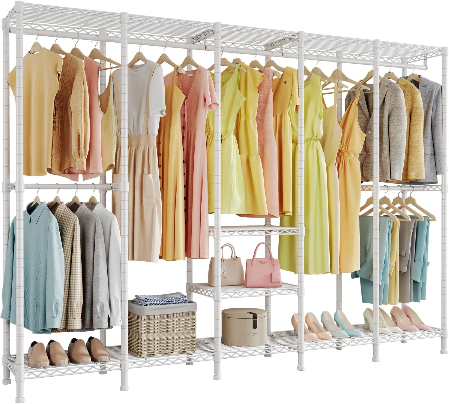 H5 Extra Large Heavy Duty Clothes Rack, Wire Garment Rack, Freestanding Clothing Rack for Hanging Clothes, Wardrobe Closet with Adjustable Shelf, 93.3" Wx15.7 Dx75.4 H, White, Load 1400 lbs