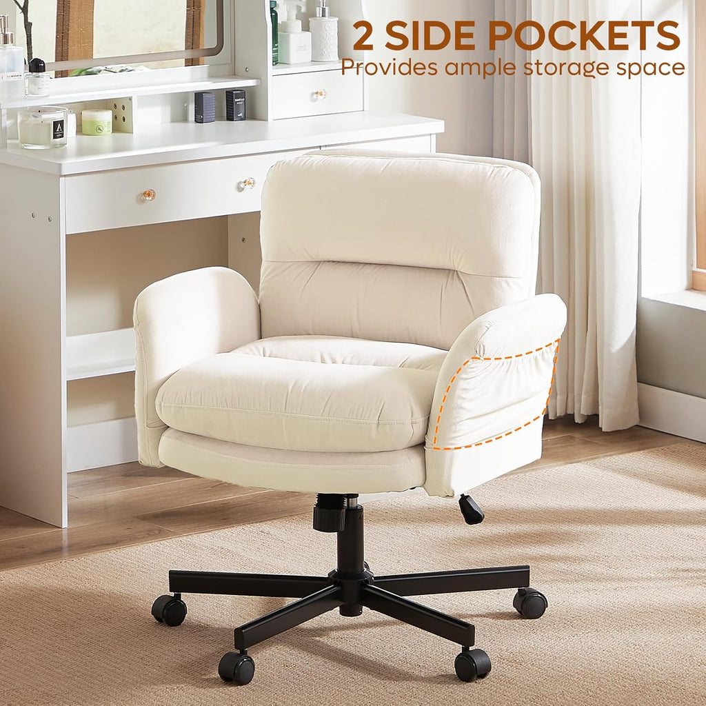 Bestier Criss Cross Office Chair with Flip-Up Arms, Vanity Comfy Chair with Thick Cushion & Wheels, Cross Legged Office Chair for Home Office, Bedroom, Beige Velvet