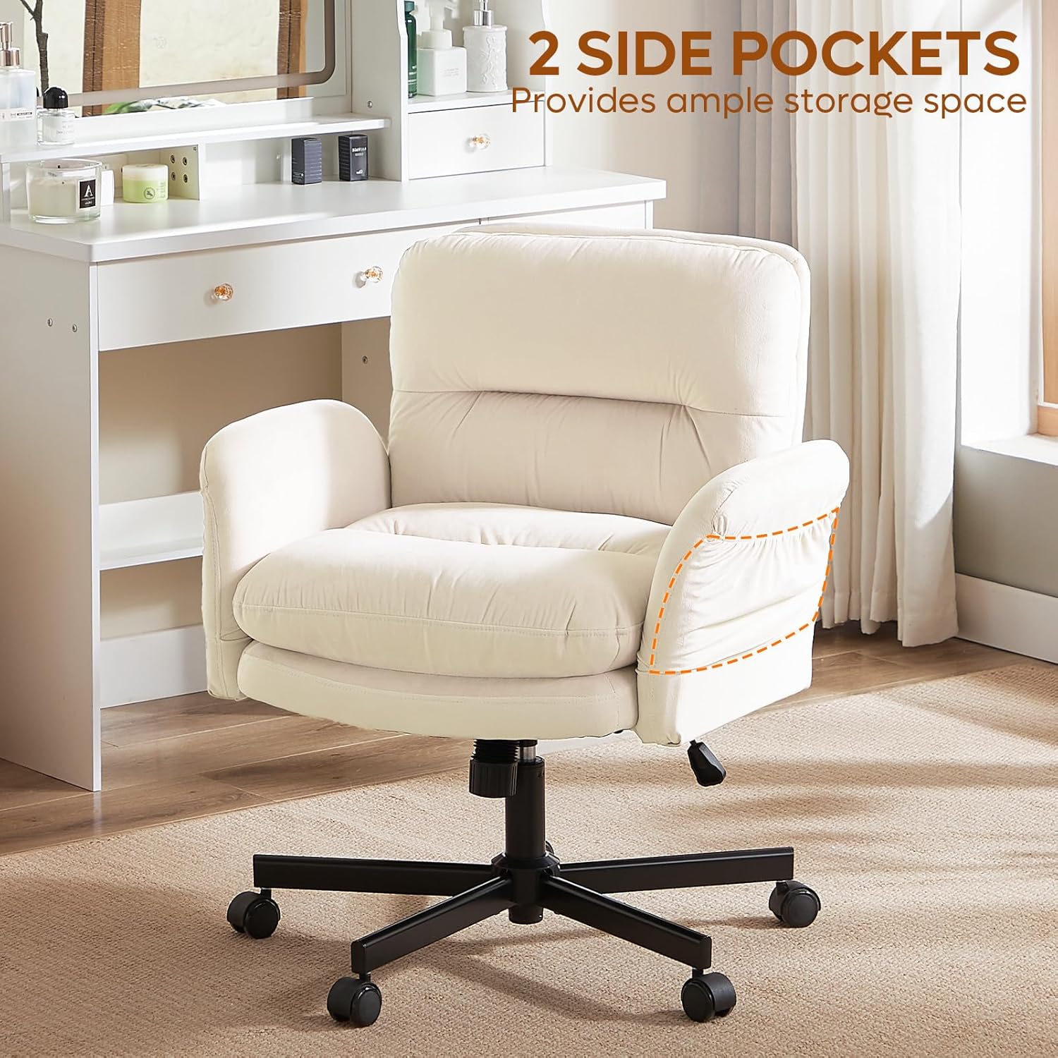 Bestier Criss Cross Office Chair with Flip-Up Arms, Vanity Comfy Chair with Thick Cushion & Wheels, Cross Legged Office Chair for Home Office, Bedroom, Beige Velvet