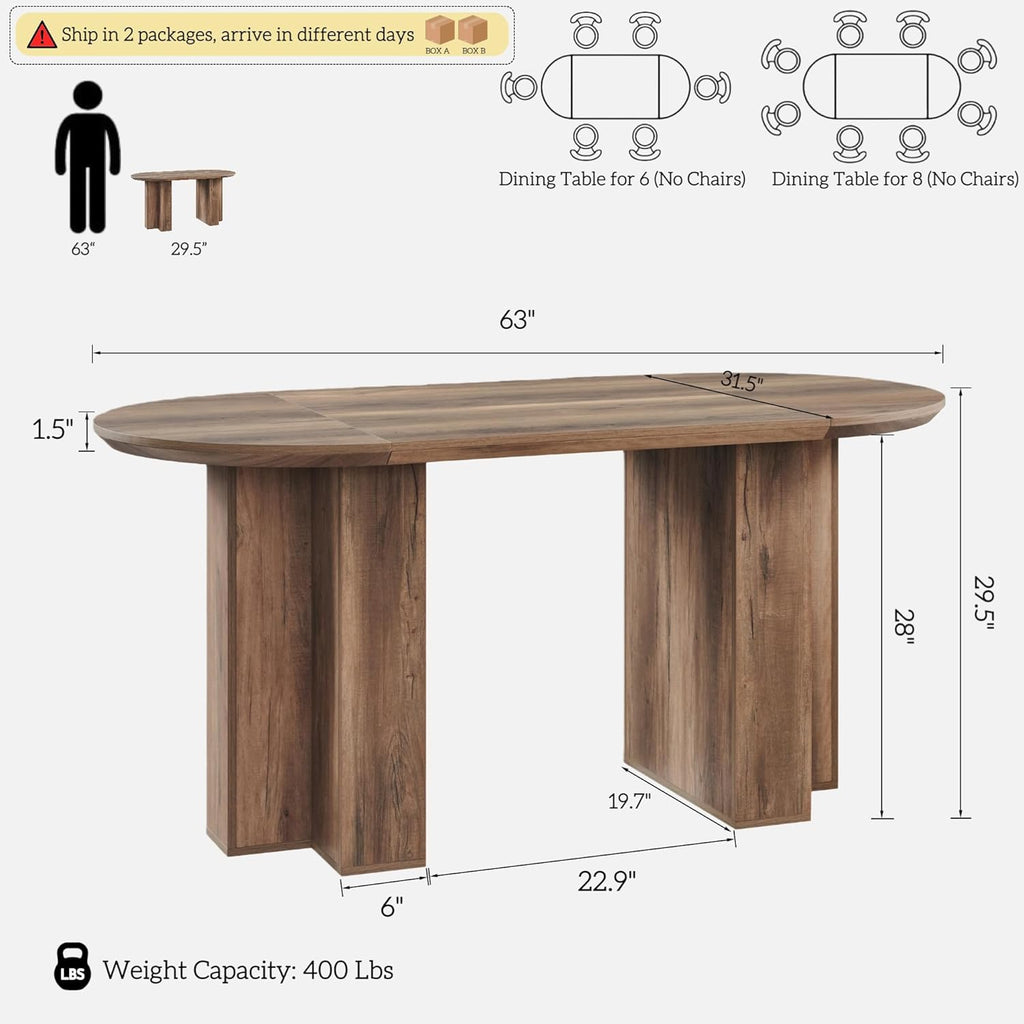 OKD 63 Inch Modern Wood Oval Dining Table for 4-6, Dining Room Table with Stable T-Shaped Base & Metal Frame & Thick Tabletop, Sturdy Kitchen Table for Dinner Room, Kitchen, Gathering, Rustic Oak