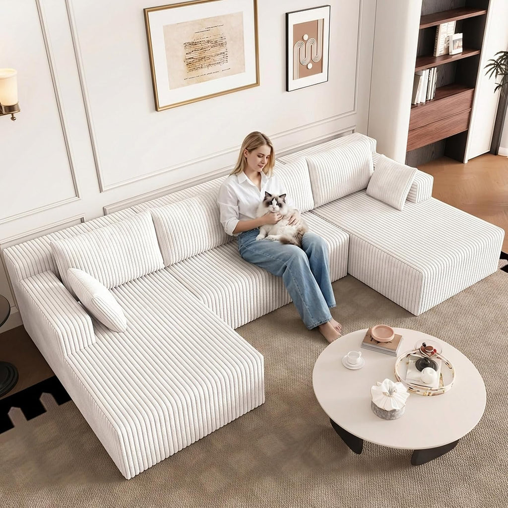 124" U Shaped Cloud Couch Sectional, Corduroy Upholstered 4-Seater Cloud Couches for Living Room, Deep Seat Modular Boneless Sofa with Lounge Chaise, No Assembly Required, White