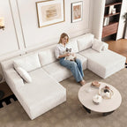 124" U Shaped Cloud Couch Sectional, Corduroy Upholstered 4-Seater Cloud Couches for Living Room, Deep Seat Modular Boneless Sofa with Lounge Chaise, No Assembly Required, White