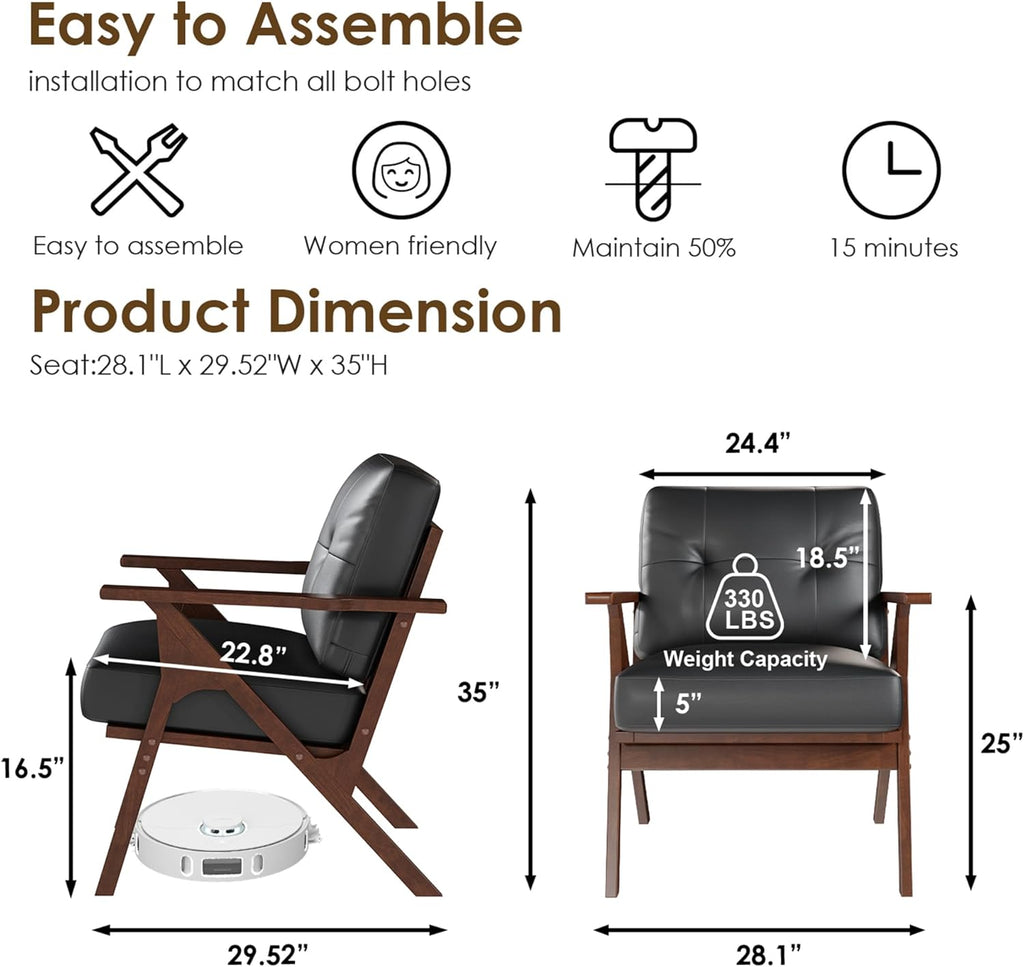 STHOUYN Black Leather Office Accent Chair Set of 2 with Wooden Arms, Comfy Guest Waiting Room Chairs, Mid Century Modern Chair, Side Arm Chairs for Living Room (Black, 2pcs)