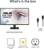 ASUS 27” 1440P Eye Care Monitor (VA27AQ) - IPS  QHD (2560 x 1440)  99% sRGB  Frameless  HDMI  DisplayPort  VGA  1ms  Speakers Low Blue Light  Flicker Free  VESA Wall Mountable  3 yr Warranty