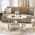 YITAHOME White Marble Round Coffee Table with Glass for Living Room, 2-Tier Circle Coffee Table with Storage Clear Coffee Table, Simple Modern Center Cocktail Table, White & Gold