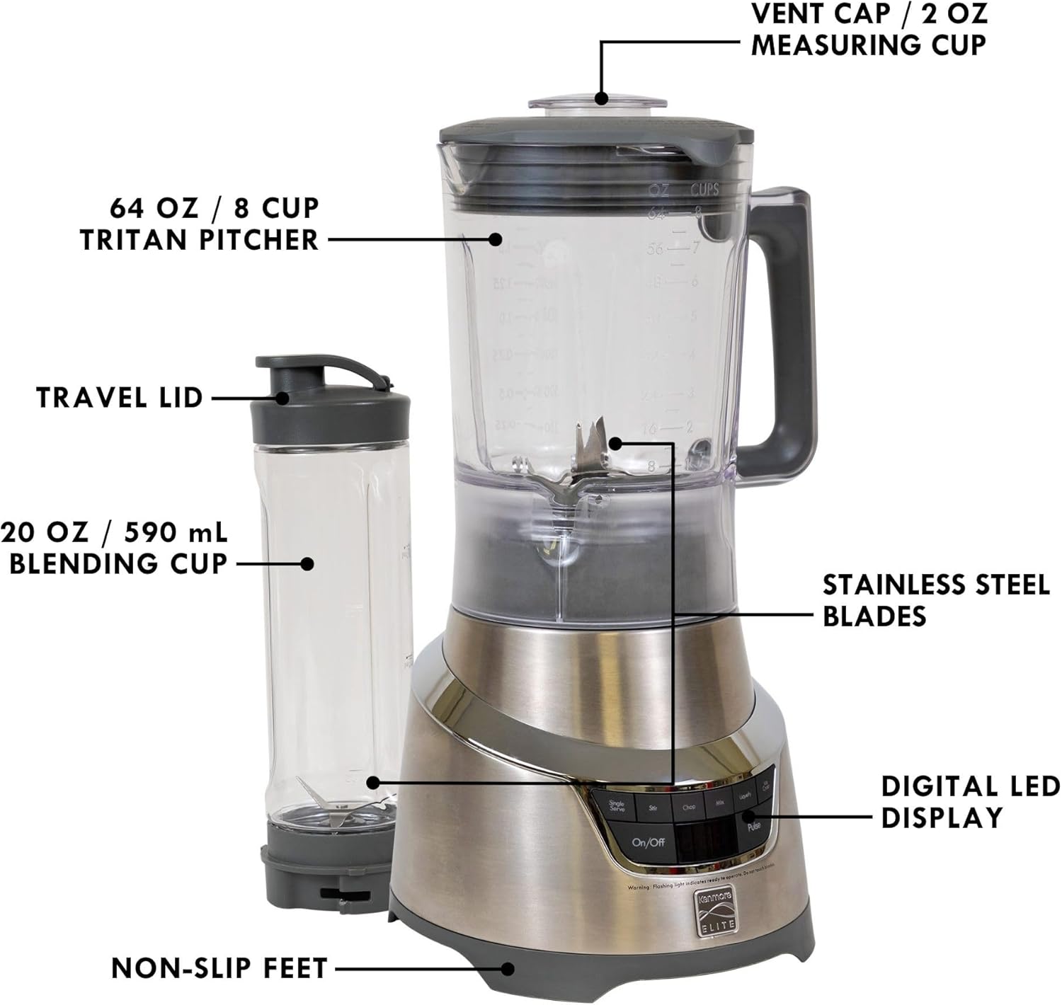 Kenmore Elite Countertop Blender – Electric Mixer for Smoothies, Ice Crush & Pulse Function, Heavy Duty Pitcher, Kitchen Appliance, Dishwasher-Safe Jar