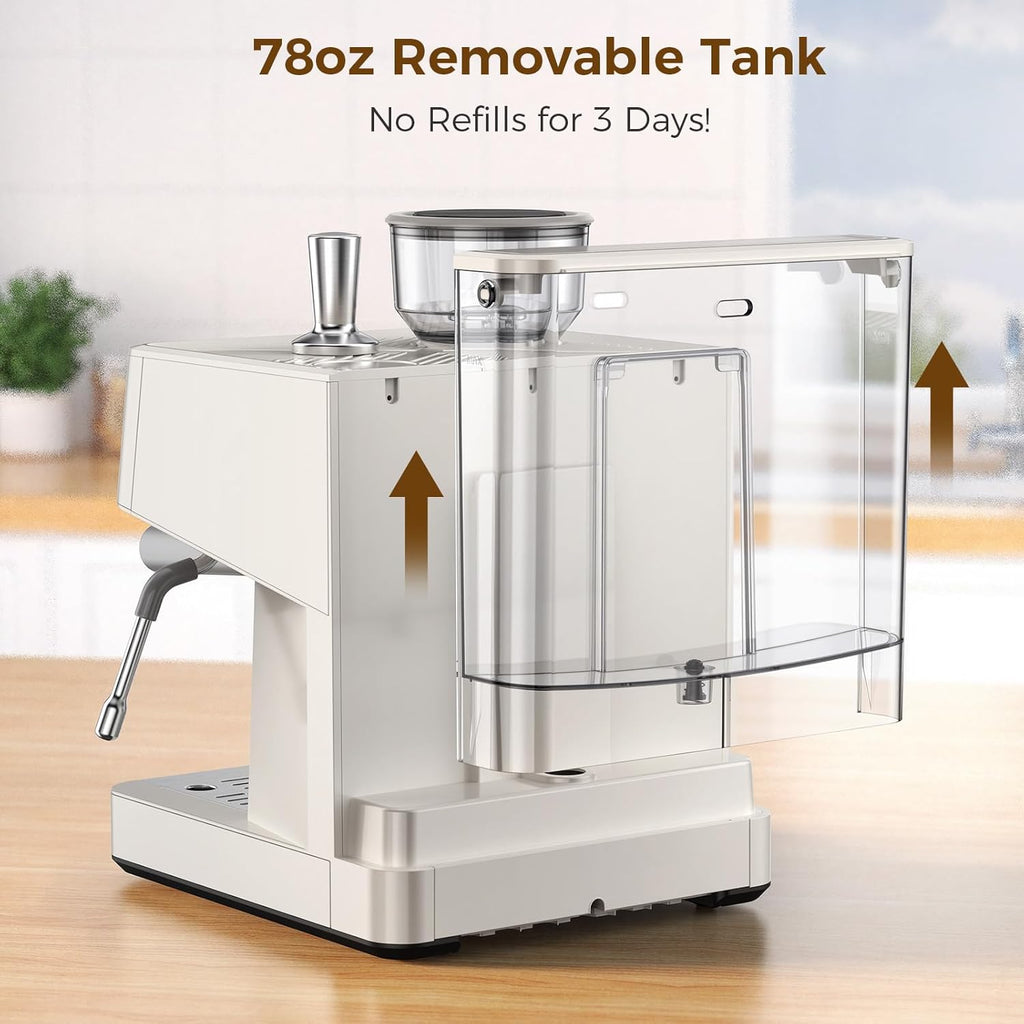 (2026 Upgrade) 20 Bar Espresso Machine with Built-in Anti-Clog Coffee Grinder, Expresso Coffee Machines with Milk Steam Wand/Frother/Tamping Tools,Espresso Maker with Grinder for Lattes-White