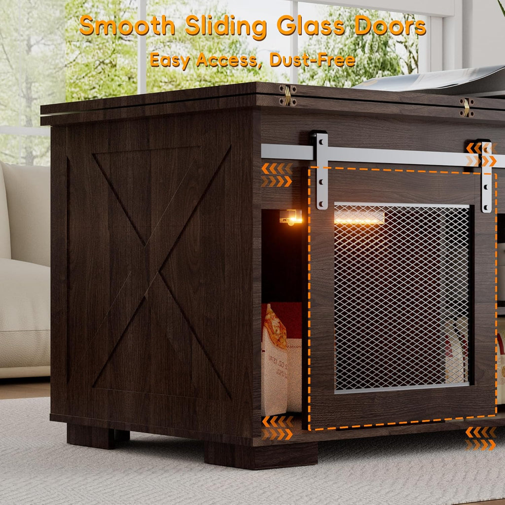 Upgraded Coffee Table with Lifting Top And Sliding Doors, Thick Panels, Industrial Metal Mesh Sides, Dual LED Accent Lights, Large Storage Center farmhouse square Table for Living Room, Dusk Walnut
