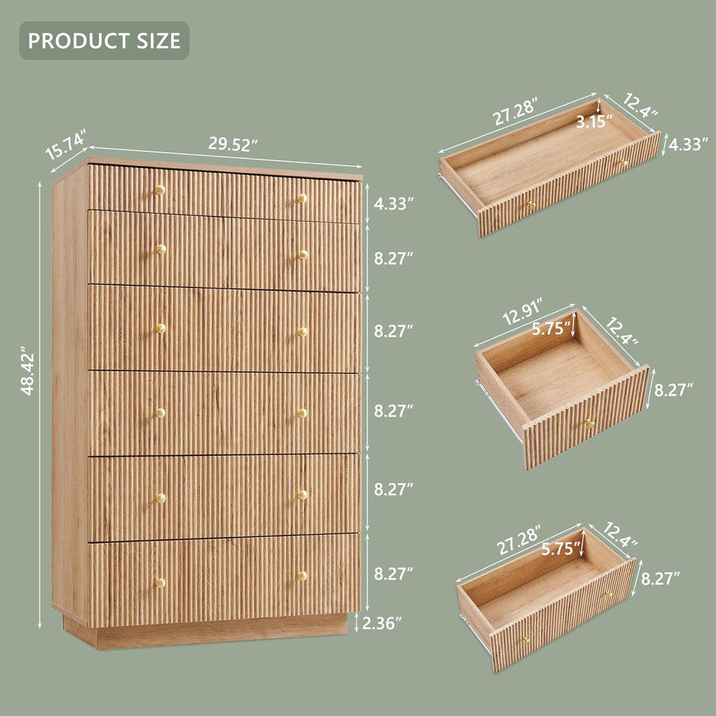 Fluted Dresser for Bedroom, 48" H 7 Drawer Dressers, Wood Tall Dresser Storage Organizer, Modern Bedroom Chest with Deep Storage for Closet Hallway, Entryway, Living Room Natural