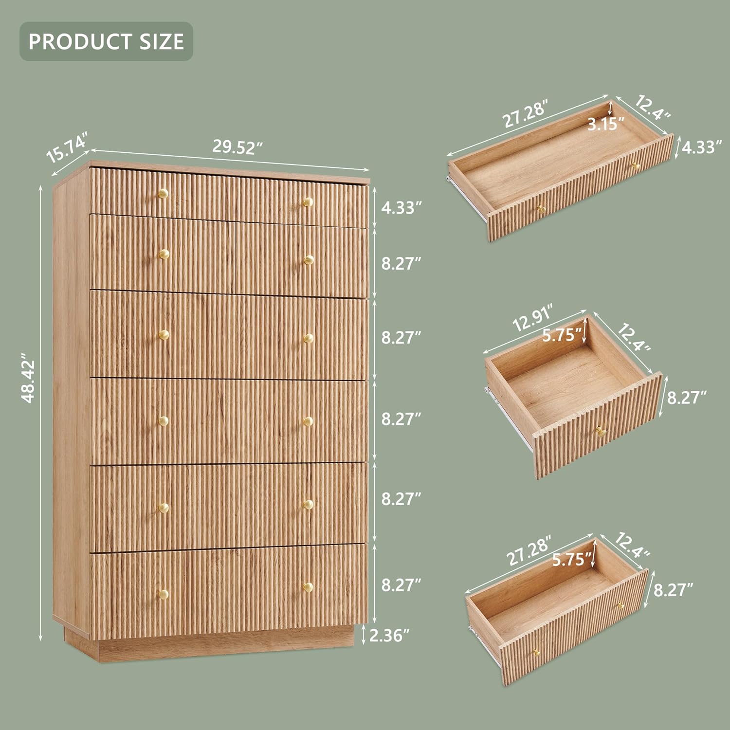 Fluted Dresser for Bedroom, 48" H 7 Drawer Dressers, Wood Tall Dresser Storage Organizer, Modern Bedroom Chest with Deep Storage for Closet Hallway, Entryway, Living Room Natural