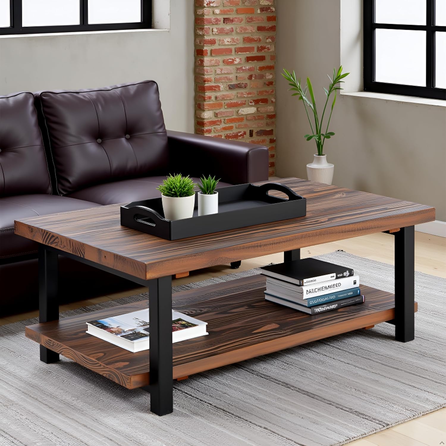 Alaterre Furniture Pomona Living Room 48 Inch Rectangular Solid Wood Coffee Table with Storage Shelf & Metal Legs – Rustic Industrial Farmhouse Large Living Room Table (Rustic Brown)