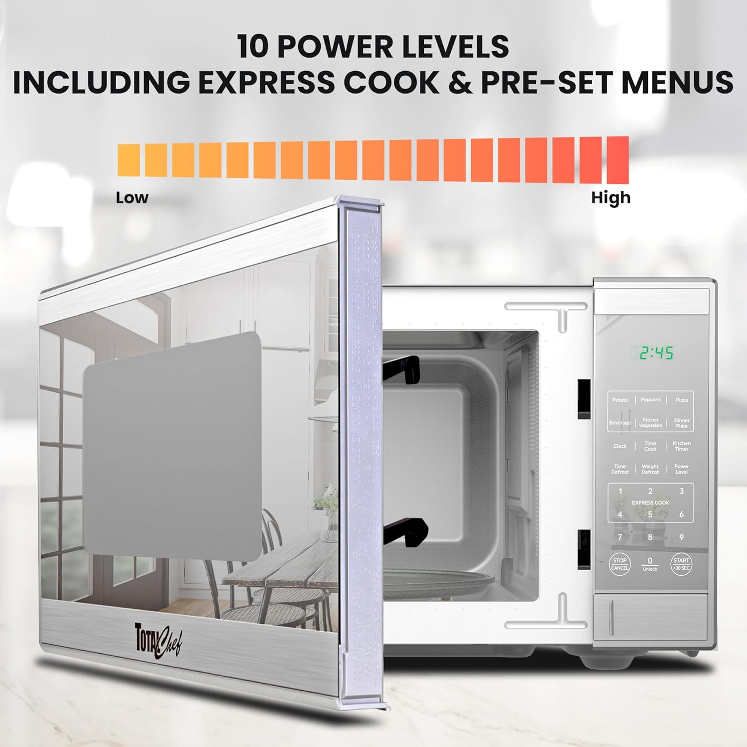 Total Chef 0.9 Cu Ft Microwave Oven – Compact Countertop Kitchen Appliance, Small Stainless Steel Microwave with Digital Touch, Pre-Set Functions, 10.6” Turntable, 900 Watt
