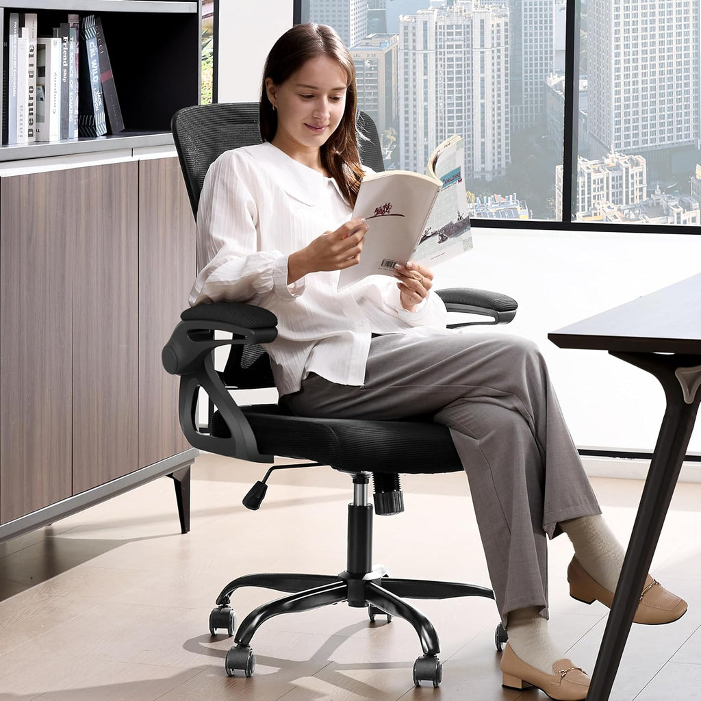 Ergonomic Office Chair,Mesh Office Chair with Lumbar Support,Mid Back Desk Chair with Flip-up Arms,400 lbs Comfy Computer Chair for Home Office