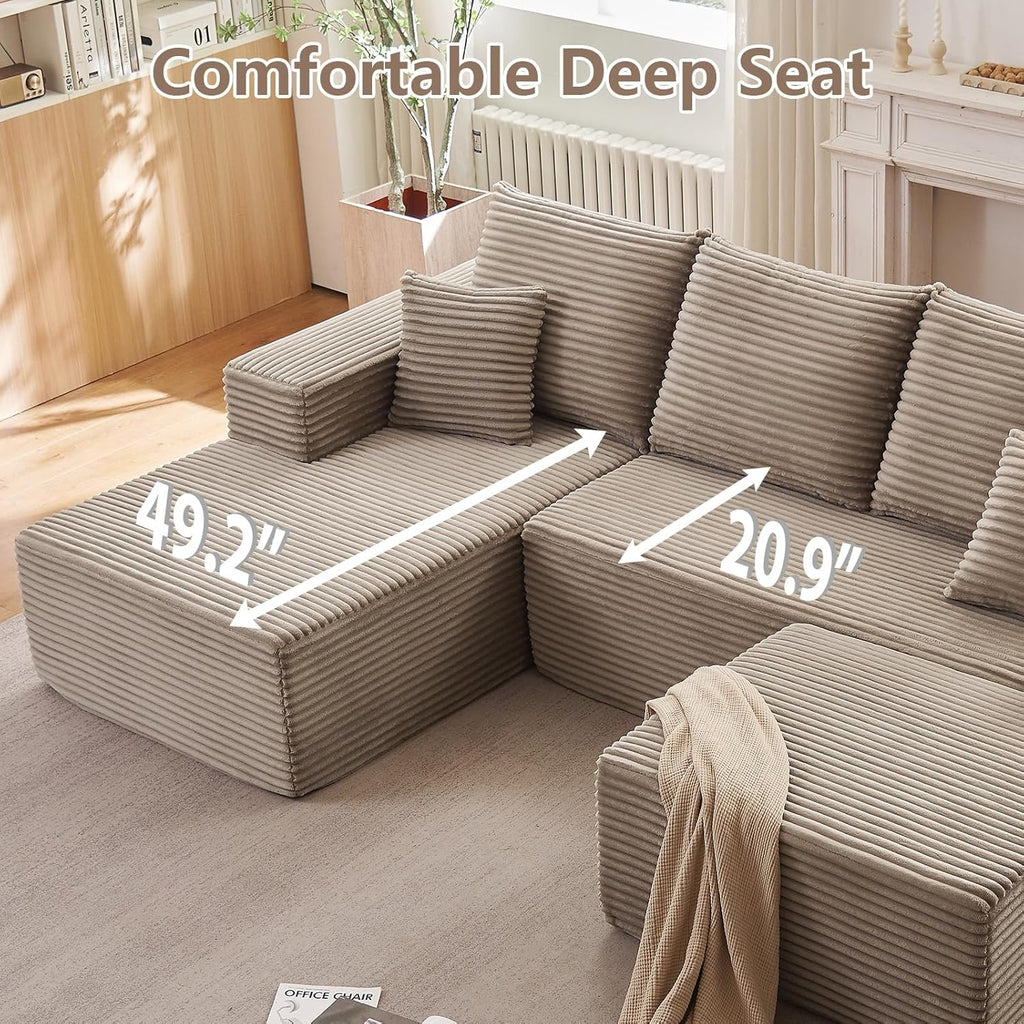 107" Cloud Modular Sectional Couches, Modern Convertible U Shaped Couch, 3 Seat Corduroy Comfy Deep Seat Sectional Sofa Oversize Deep Seat Sofa Camel
