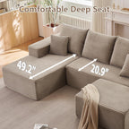 107" Cloud Modular Sectional Couches, Modern Convertible U Shaped Couch, 3 Seat Corduroy Comfy Deep Seat Sectional Sofa Oversize Deep Seat Sofa Camel
