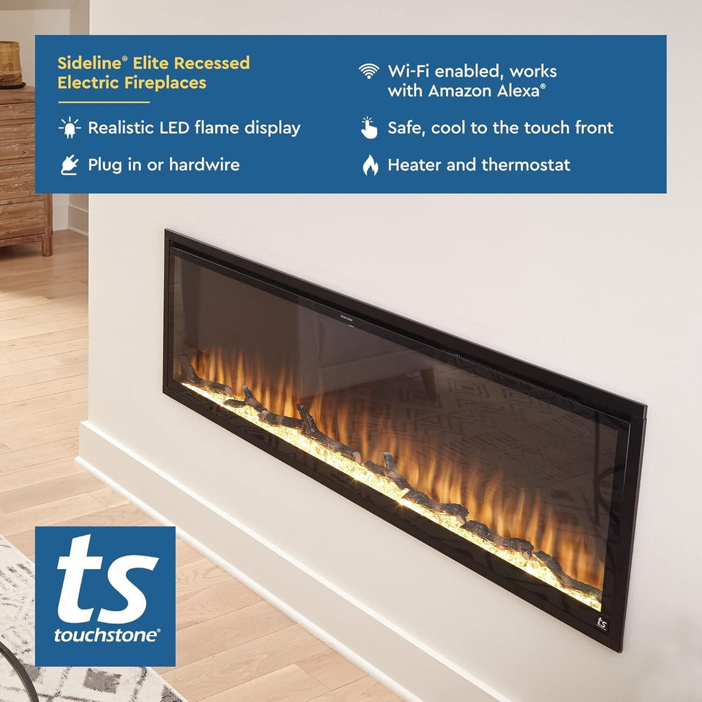 Touchstone Sideline Elite Smart 60” WiFi-Enabled Electric Fireplace - in-Wall Recessed - 60 Color Combinations - 1,500W Heater - Black - Log, Crystals & Driftwood - 80037