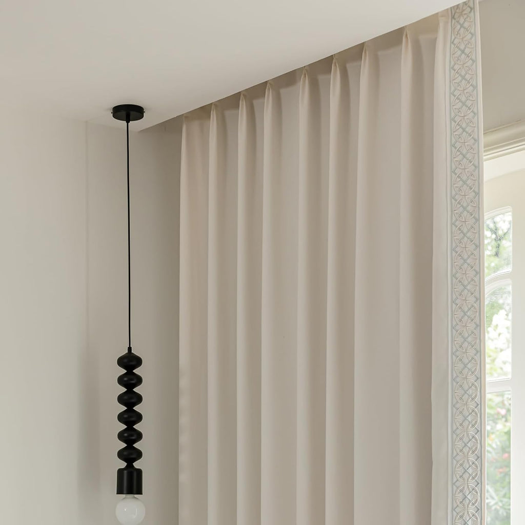Luxury Cotton Linen Pinch Pleat Curtains, Embroidered Trim Memory Trained Drapes for Stylish Living Room, (50" W x 96" L)