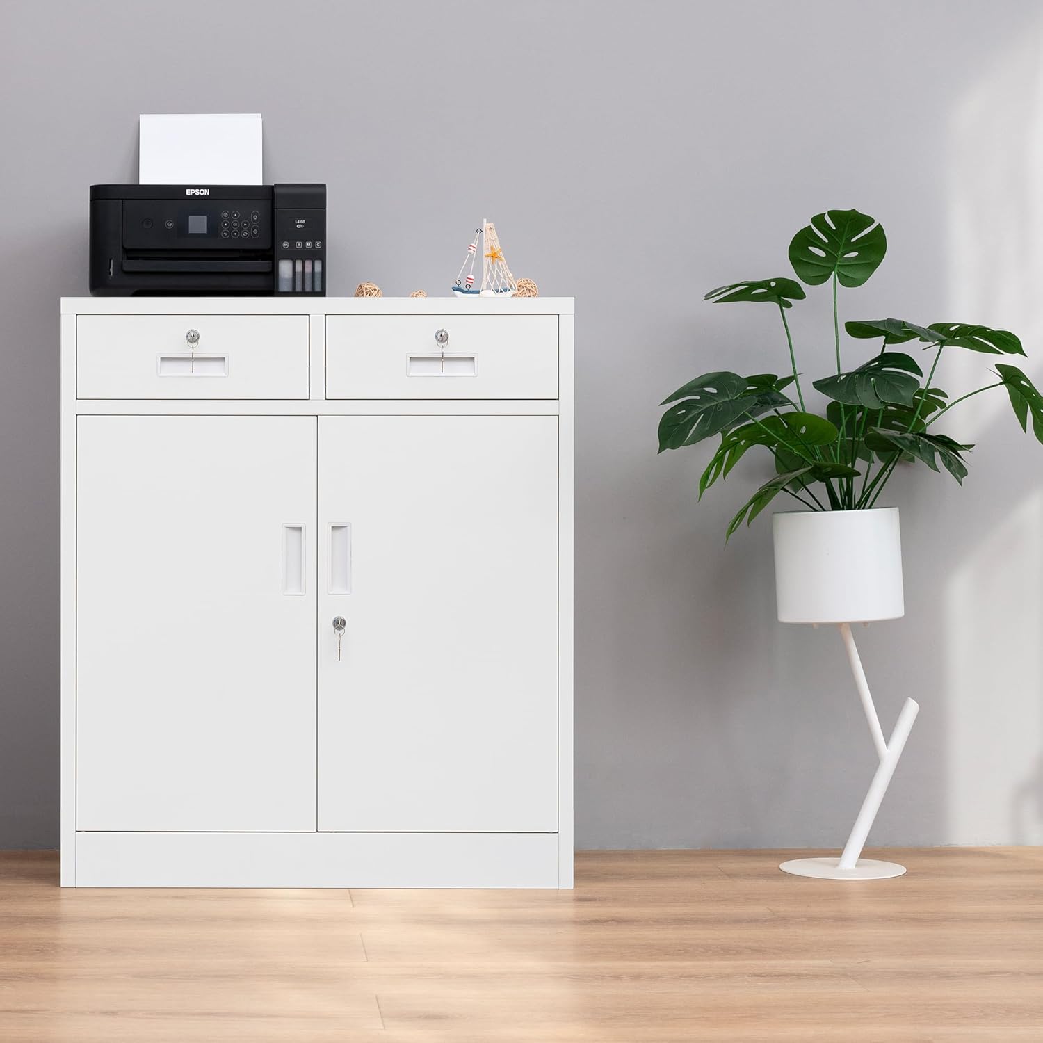 Wanfu Metal Storage Cabinet, Locking Storage Cabinet with Adjustable Shelf, 36" H Metal Cabinets with 2 Drawers for Office, Garage, Home-White