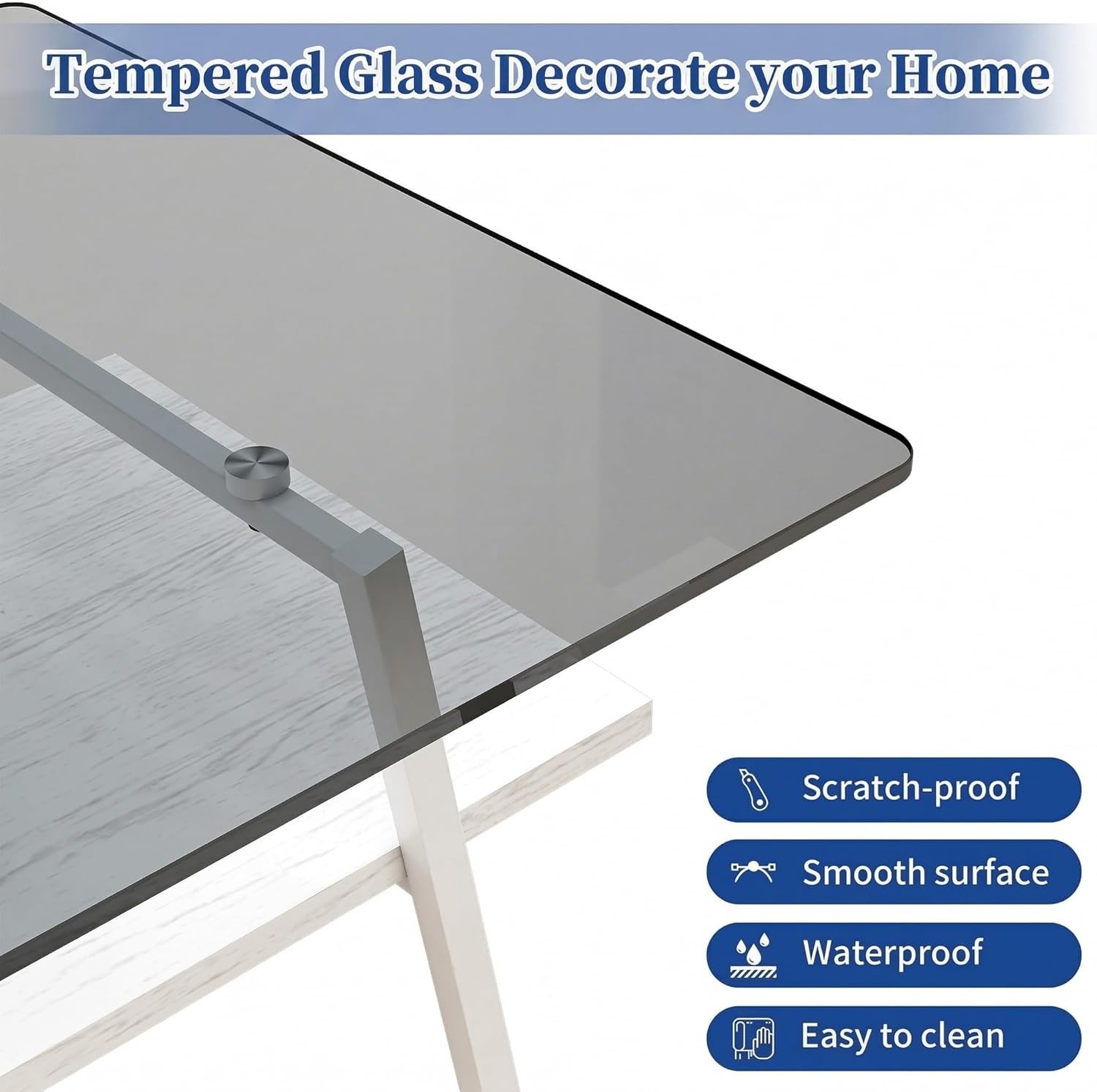 Casaphoria Modern Rectangle Coffee Table for Living Room, 2-Tier Center Table with Gray Tempered Glass Top, White Wooden Shelf & Metal Legs, 38.6 Inch, Gray/White