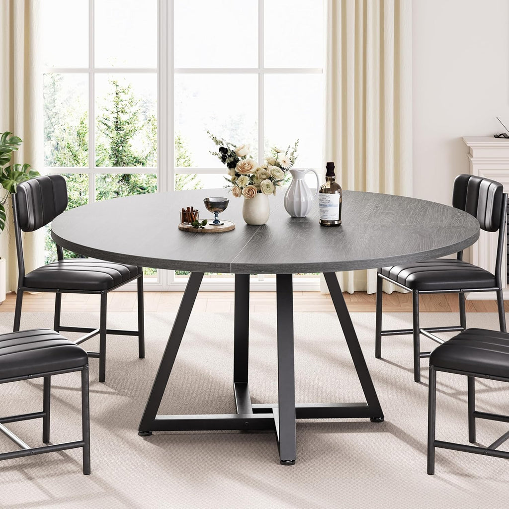 Jocoevol 42“ Round Kitchen Dining Room Table for 2-4, Circle Dining Dinner Table with Pedestal Metal Frame, Space Saving Wood Industrial Furniture for Small Space (Grey, 42IN)